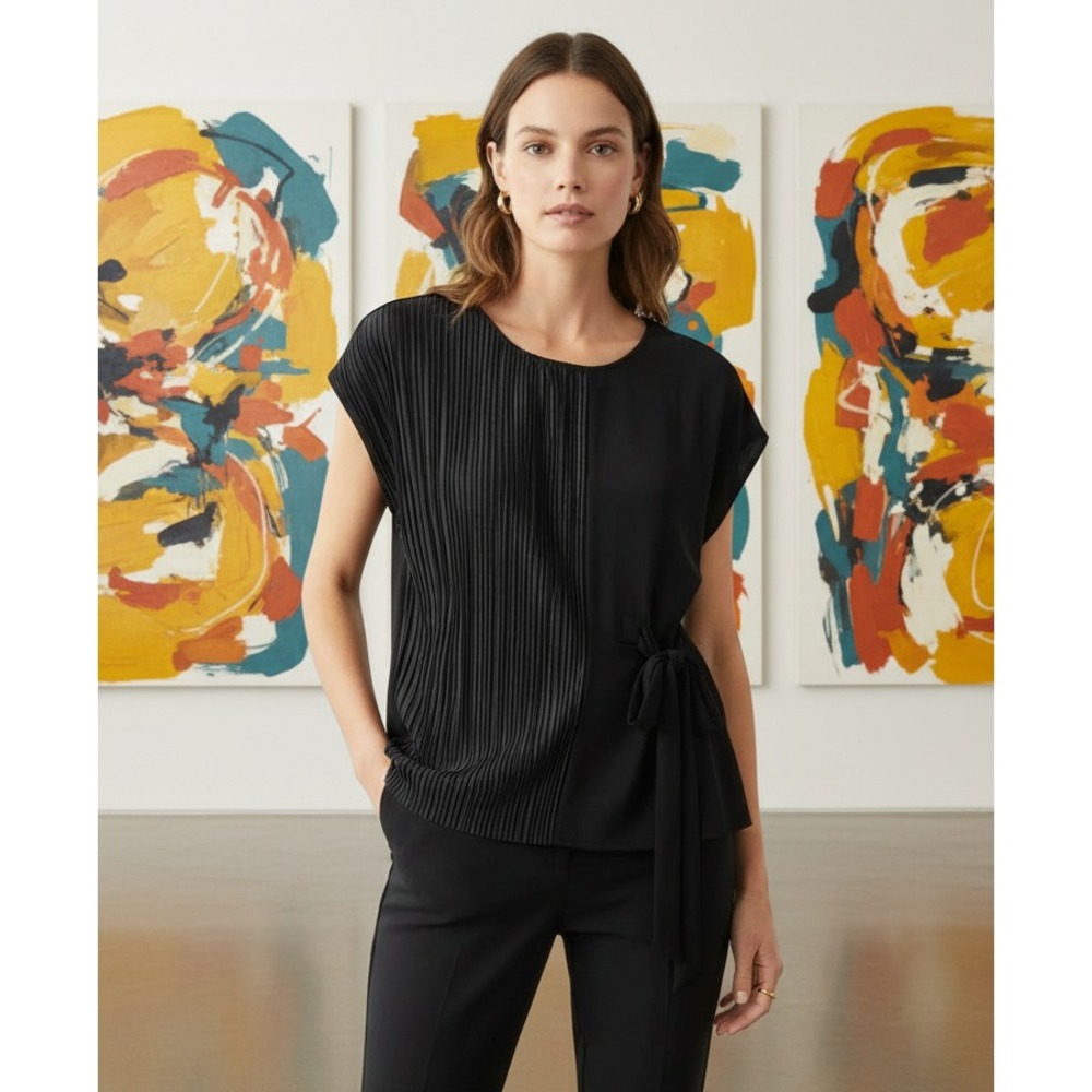 NEW Alfani M Black Pleated Tie Top Womens Boho Glam Whimsigoth Mod Office Siren